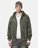 model front view wearing olive zip up hoodie