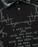 faux leather look collar detail on black graphic polo shirt