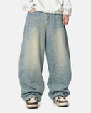 on-body front view of polka dot baggy jeans