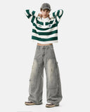 model wearing washed barrel jeans streetwear outfit