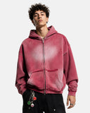 model wearing distressed monkey washed red hoodie with front zipper
