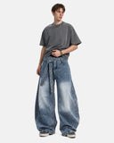 curved leg denim pants with waist belt