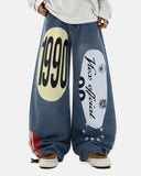 blue graphic print barrel jeans on-body front view
