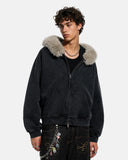 vintage washed hoodie with fur collar and front zipper