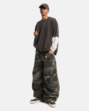 relaxed fit camo pants with frayed pocket details