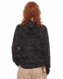back view model wearing black camo pullover hoodie