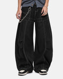 model wearing contrast stitch baggy jeans