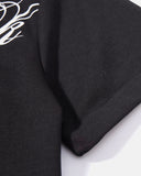 black short sleeve construction detail on graphic t shirt