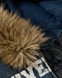 faux fur hood and washed denim texture close-up