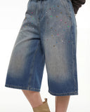 Rhinestone Washed Denim Baggy Jorts | Inflation Streetwear INFLATION