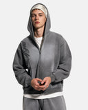 upper body model wearing monkey wash graphic zip up hoodie