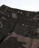 camo jeans back view with studded pocket trim