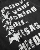 close-up of distressed back text print on hoodie