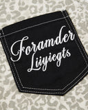 embroidered back pocket detail on black contrast denim overalls