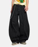 model wearing embroidered barrel jeans
