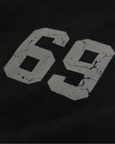 close-up of 69 graphic print on faux suede hoodie