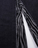 zebra fabric side insert detail on black denim