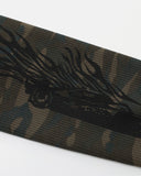 detail view of crew neck collar on camo t-shirt