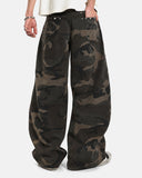 embroidered back pocket detail on camo barrel jeans