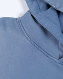 blue washed hoodie hood construction close-up