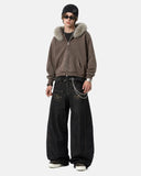 Faux Fur Collar Acid Wash Zip Up Hoodies | Inflation Streetwear