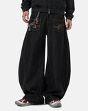 black denim barrel jeans with embroidery