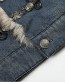 washed denim hem and metal button detail close-up