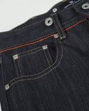 contrast stitch detail on dark indigo denim