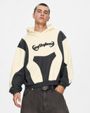model front view wearing colorblock puff print boxy pullover hoodie