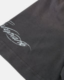 white sleeve graphic detail on faded gray polo shirt