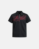 black script embroidered polo t shirt front view