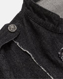 black denim jacket shoulder epaulet detail close-up