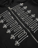 embroidered zip up hoodie with metal button accents