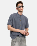 model wearing grey color cardigan t-shirt outfit