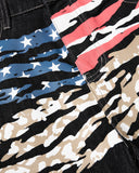 distressed flag graphic print close up on denim