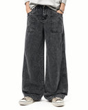 distressed patchwork barrel jeans