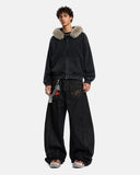 Faux Fur Collar Distressed Zip Up Hoodies | Inflation Streetwear