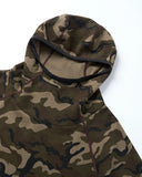 close-up of high-neck hood on camo waffle hoodie