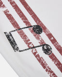 red stripe graphic print detail on white sweatpants