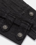 cropped denim jacket cuff button detail close-up