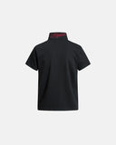 black polo t shirt back view with red neck embroidery