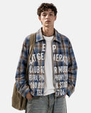 Blue Letter Graphic Plaid Shirt Streetwear Outfit