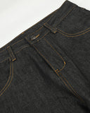 contrast stitch waistband detail on dark denim jean