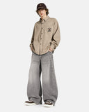 on-body view khaki vintage striped shirt with gray pants