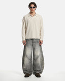 full-body styling with grey acid wash jeans