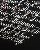 full front script typography detail on black waffle t shirt