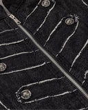 black denim jacket zipper and clasp detail close-up