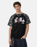 letter graphic cotton t shirt with camo sleeves