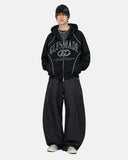 full body outfit with black boxy hoodie and wide leg pants