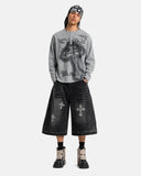 full body outfit with gray waffle graphic long sleeve tee